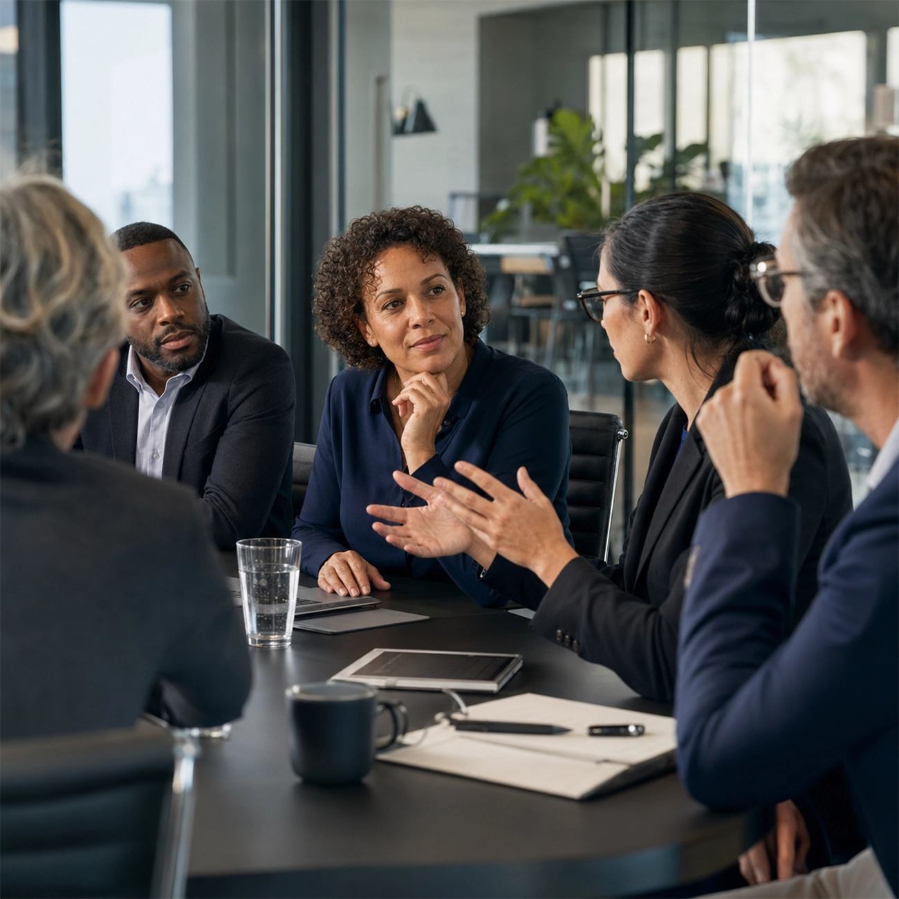Leaders practicing principled leadership in a team meeting
